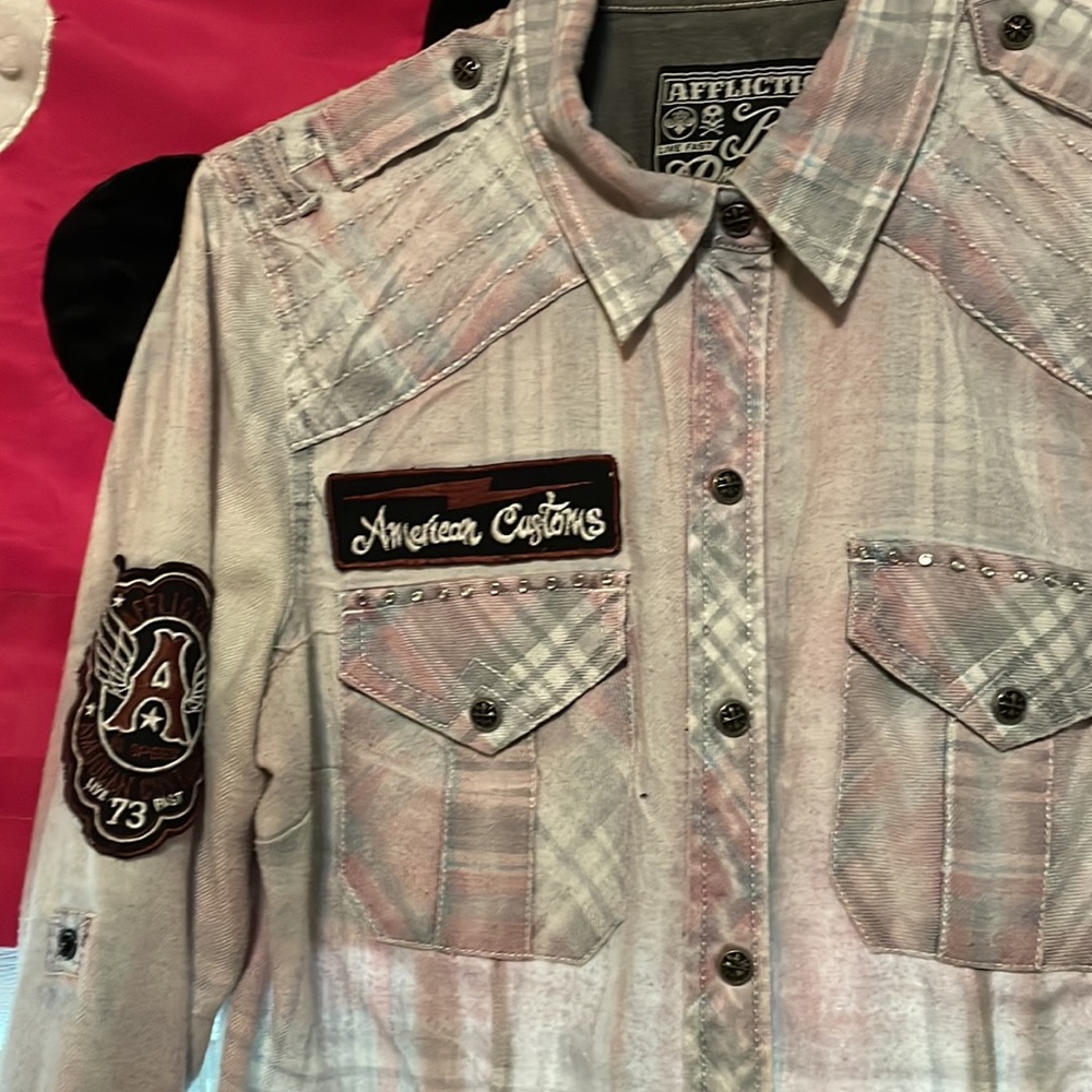 Affliction studded and patched button down sheer flannel Small